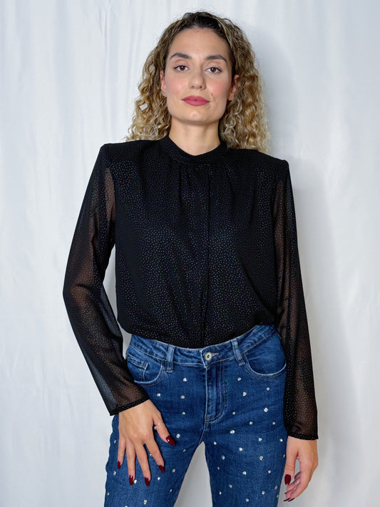 blusa nera con micro strass argento